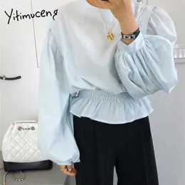 Yitimuceng azul blusa mulher ruffles ruffles tops coreano moda longa lanterna manga escritório senhora camisa primavera verão 210601