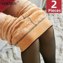 NORMOV 2 PCS Winter Women Leggings Quiet Leggings Espessura Cintura Alta Super Elastic Leggings Mulheres Cor Sólida Plus Velvet Slim Leggins 211014