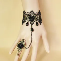 Charm Bracelets Gothic Retro Lace Bracelet With Ring Black Rose Crystal Accessories