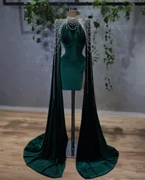 Chic Green Velvet Mermaid Evening Dresses High Neck Mini ovanför knä längd Prom Klänning Formell Party Pageant Gowns Custom Gjorda Långärmad Tassel Robe de Mariée