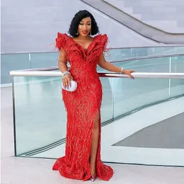 Red African Lace Prom Dresses With Deep V Neck Cap Sleeves Mermaid Evening Dress Sexy Side Split Sweep Train Dubai Arabic Formal C280H