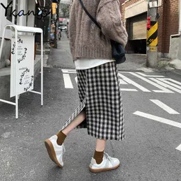 Vintage Hohe Taille Split Plaid Rock Frauen Winter Warme Wolle Röcke Herbst Plus Größe Koreanische Stil Wilde A-Line Midi rock 210619