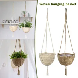 Natural Grass Hanging Planter Basket Indoor Plant Pots Plant Pot Cover for Home Hogard Y0910