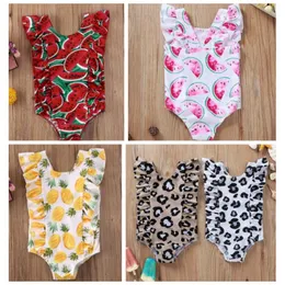 Baby Girls Swimwear Leopard Printed Toddler Beachwear Watermelon Pattern Bathing One Piece Bikini Ruffles Infant Swim Suit 5 Style BT1050