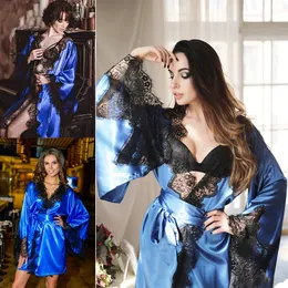 Chic Royal Blue Satin Silk Szaty Wedding Kobiety Koronkowe Aplikacje Długie Rękaw Sukienka Robe Formalna Nakładka Event Sleepwear 2 sztuki