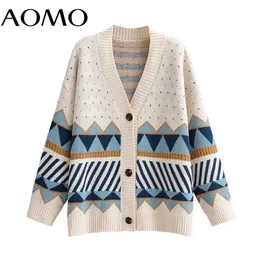 AOMO Autumn Winter Women Geometry Knitted Cardigan Sweater Jumper Button-up Female Tops 1F313A 211103