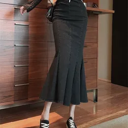 Старинные тонкие высокие талии сплит русалка юбки женщин плюс размер средней длины сумка бедра джинсовая юбка Леди повседневная мойера Фалдас мода 210309