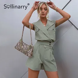 Sollinarry High street lapel romper women summer Sleeveless belt fashon solid casual rompers Spring short playsuit streetwear 210709