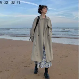 WERUERUYU Frauen Trenchcoat Lässige Damen Lange Oberbekleidung Lose Mantel mit Gürtel Wintermode Zweireiher Windjacke 210608