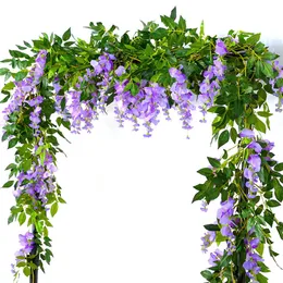 2 sztuk 1.8m Wisteria Sztuczny Kwiat Winorośli Weselny Arch Dekoracji Fałszywy Roślin Rattan Trailing Fake Flower Ivy Wall 210624