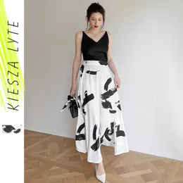 Women White Print Midi Skirt Spring Summer Elegant Elastic High Waist A line Skirts Female Faldas Mujer Moda 210608