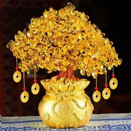 19 / 24cm Lucky Tree Wealth Yellow Crystal Natural Money Ornaments Bonsai Style Luck Feng Shui Craft 211101