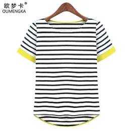 Oumengka Kvinnor Toppar O-Neckt-shirt Kortärmad Striped T Shirts Blusas Femininas M- XXXXL Plus Storlek 210623