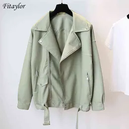 FuitAylor Spring Women Loose PU Faux Läderjacka med bälte Streetwear Moto Biker Black Coat BF Style Oversized Outwear 211118