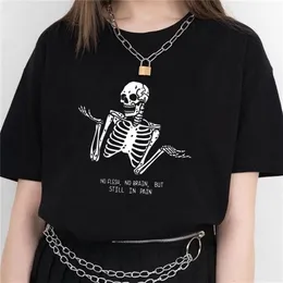 Kuakuayu HJN No Flesh Brain but Still in Pain Skull Funny Quotes Printed T Shirt Women Short Sleeve Street Style Tee Tops 210623
