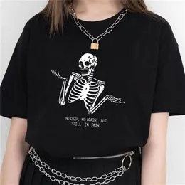 kuakuayu hjn肉の脳なしだがまだ痛みの頭蓋骨面白い引用符プリントTシャツの女性半袖ストリートスタイルティートップス210623