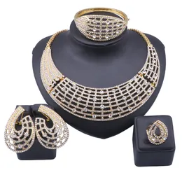 Women African Dubai Jewelry Sets Gold Bridal Rhinestone Crystal Bracelet Earrings Wedding Party Necklace Ring Jewellry Set