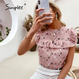 Simplee Elegant floral print ruffle women chiffon top summer O-neck sleeveless loose tops female Casual fashion sleeveless shirt 210315