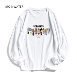 Moinwater Mulheres Casual Impressão Manga Longa t - shirts senhora algodão preto moda tops feminino branco camiseta MLT1908 210302