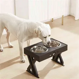 Dog Double Bowls Adjustable Elevated Feeder Pet Feeding Raise Cat Food Water with Stand Stainless Steel Lift Tabel for 210615