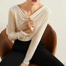 Women's T-Shirt Women Thin Ladies Long Sleeve Swing Collar Slim Tops 2021 Early Autumn Solid Color Female Tees
