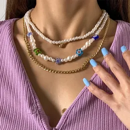 Boho imitation pearl choker halsband för kvinnor bröllop brud multilayer akryl blomma kvinnlig kedja estetiska smycken