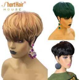 Mode Skönhet Färg Markera Human Hair Wig Pixie Short Cut Bob Wig För Black Women Green Honey Blonde No Lace Front Wigs S0826