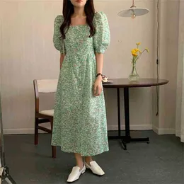 Utskrift Slim Party Casual Square Collar Princess All Match Loose-Fitting Femme Florals Chic Dress Vestidos 210525