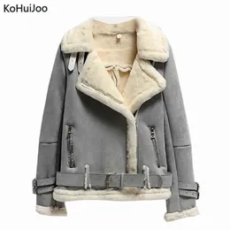 Kohuijoo vinter mocka jacka kvinnor tjockt varmt mode dragkedja motorcykel lamm ullrock kvinnlig shearling överrock 211118