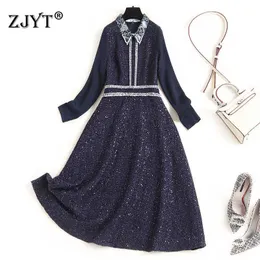 Высококачественные моды дизайнерские взлетно-посадочные полосы женщин с длинным рукавом вязаные пэчворк бисером Tweed шерстяное платье осень зимняя одежда 210601