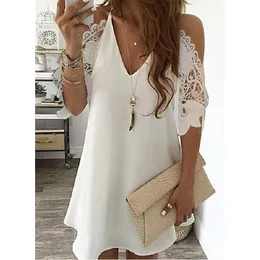 New Women's Summer Half Sleeves Solid Color Dress Off Shoulder Female V Neck Lace Casual Plus Size Sling Party Dresses X0521