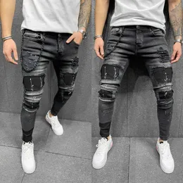 Moda Patchwork Jeans Mężczyźni Ripped Skinny Stretch Wysokiej Jakości Rowerzysta Dżinsowe Spodnie Ołówek Slim Hip-Hop Spodnie Odzież 2021 Y0927