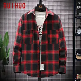 남성 의류에 대한 Ruihuo 격자 무늬 셔츠 패션 긴 소매 하라주쿠 빈티지 옷 210721