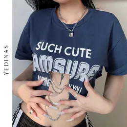 Yedinas Europejski Styl Sexy Letter Drukuj Crop Top Kobiety Hollow Out With Design T Shirt Punk Hip Hop Streetwear Oversize 210527