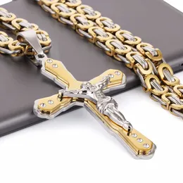 Christian Jezus Cross Crystal Wisiorek Naszyjniki Grube Link Bizantyjska Chain Stainlsteel Men Jewelry Colar Prezent 21.65 Mn79 x0707