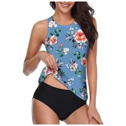 Kvinnors badkläder sexig snörning upp två stycken plus storlek blommig halter tankini set boyshort hög midja baddräkt bikini strandkläder