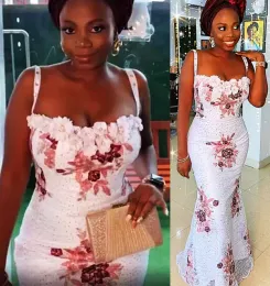 Mermaid Evening African Dresses Plus Size 3D Floral Applique Handmade Flowers Straps Floor Length Satin Prom Party Gown Formal Ocn Wear Vestidos 2022 Desinger