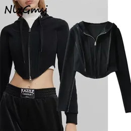 Sweatshirt Women Black Tunic Crop Hoodie Sweatshirts Zipper Spring Ladies Pullovers Pocket Hooded Tops 210628