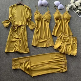 JULY'S SONG 5 Pieces Women Pajamas Sets Elegant Sexy Lace Faux Silk Sleepwear Woman Stain Spring Summer Autumn Robe Homewear 210928