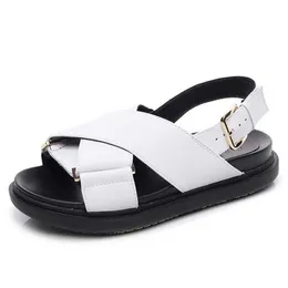 Meotina gladiator skor kvinnor äkta läder sandaler platt spänne sandaler runda tå ko läder damer skor sommar svart 210608