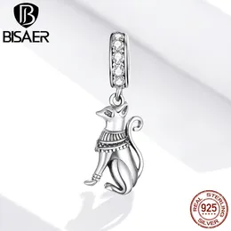 Bisaer retro egyptisk katt charms 925 sterling silver djur pärlor passar diy armband halsband för kvinnor zircon smycken ecc1505 q0531