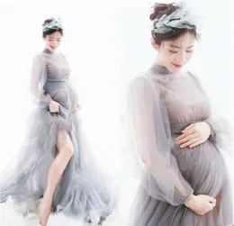 Sexig Long Maternity Photography Props Klänningar Tulle Perspektiv Graviditet Klänning Mesh Maxi Gown För Gravid Kvinnor Fotografering