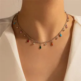 2021 Nya Färgglada Kvinnor Vattendroppe Chokers Halsband Silver Tassel Charm Kort Halsband Mode Smycken Present