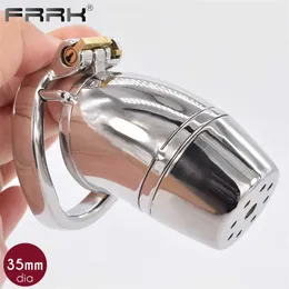 FRRK Male Chastity Device Full Closed Steel Cock Cage BDSM Adult Sex Toys Metal Bondage Belts for Men Shower Head Penis Rings 211013