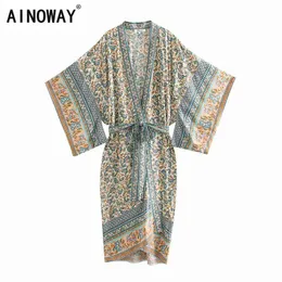 Vintage chic women floral print Batwing sleeve beach Bohemian Kimono dress Ladies V neck Summer Boho robe cover-up vestidos G1214