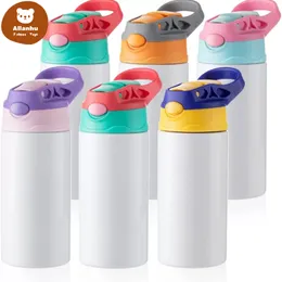 Sublimering Blanks Kids Tumbler Babyflaska Sippy Cups 12 oz Vit vattenflaska med halm och bärbart lock 5 Färglocksublimering Skriv ut JYF