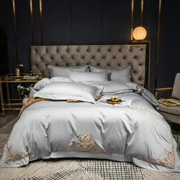 60S Egyptian cotton Bedding Set Embroidered solid color duvet cover bed linen wedding hotel pillowcases fitted sheet flat sheetl 210317