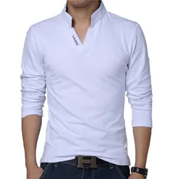 T-shirt Men Spring Cotton T Shirt Solid Color Tshirt Mandarin Collar z długim rękawem Top Marka Slim Fit Tee Shirts 5xl 210716