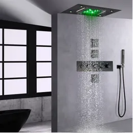Olej wcierany brązowy termostatyczny deszcz prysznic System kranu 14 x 20 cali LED Wodospad Opad Mikser łazienkowy Zestaw opryskiwaczy Korpus Odrzutowiec Wszystkie funkcje mogą współpracować