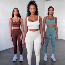 Rid Seamless Sport Set Women Brown 2pcs Two Piece Crop Top Bra Leggings Sportsuit Workout Outfit Fitness Gym Yoga Wear Clothes 211215